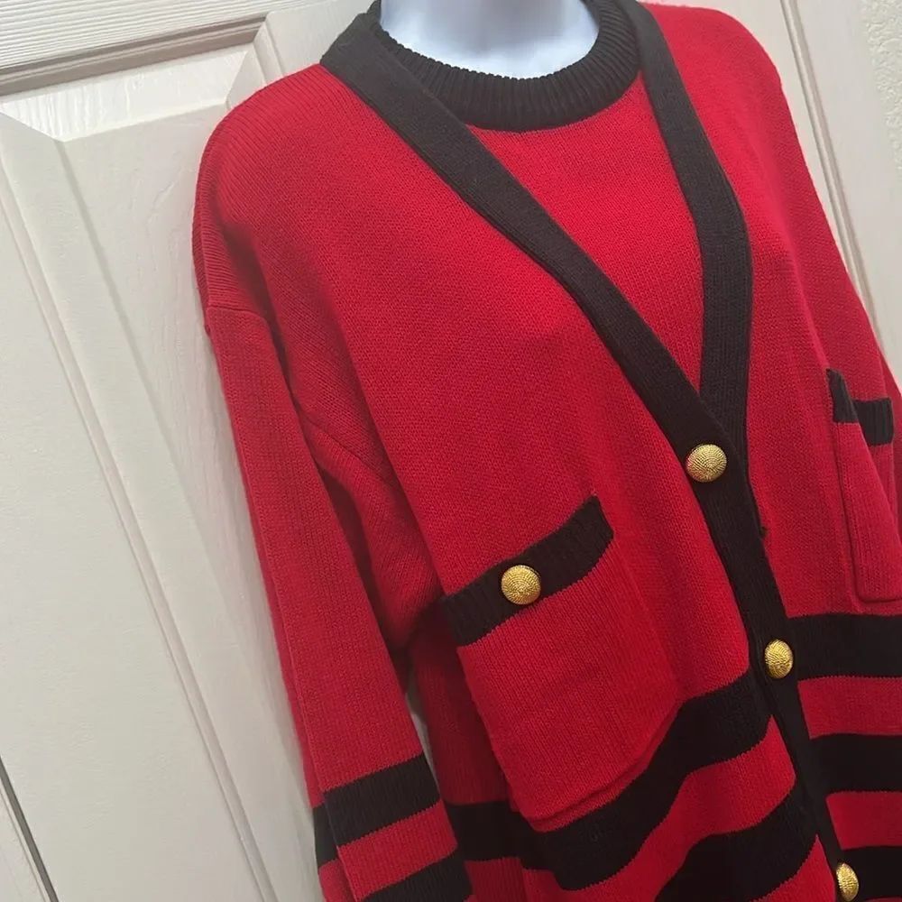 AMilano Collection Red Black Cardigan Sweater Dress Sz Large Long Sleeve Stripes - Picture 3 of 10